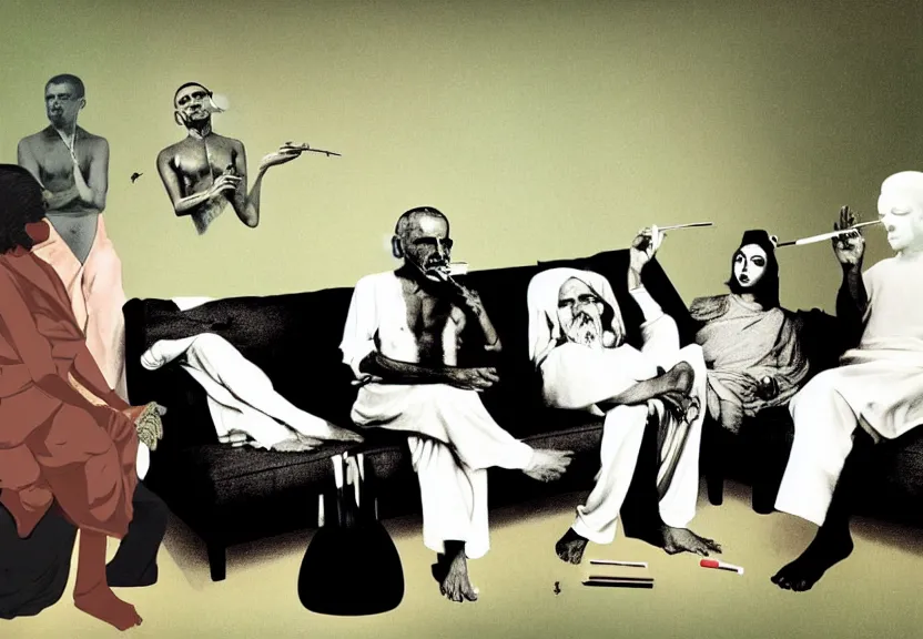 Image similar to smoke session for the ages: Gandhi , Obama, Jesus, And Lady GaGa smoking a fat blunt on a sofa by Andy Warhol, photograph, by Beeple