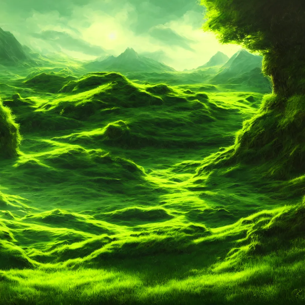 Prompt: highly detailed wide angle profesional photo of green colored landscape, art by greg rutsowski, concept art, 8 k detail post - processing