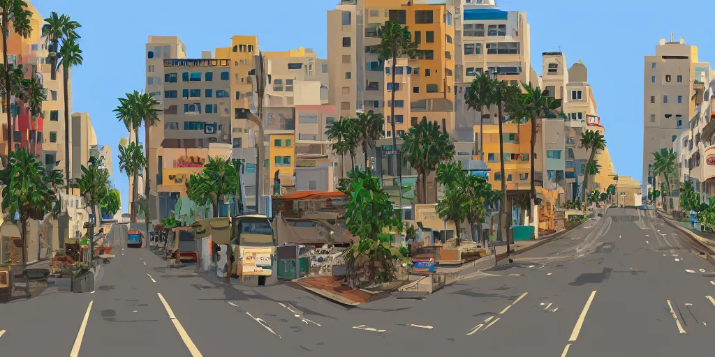 Image similar to tel aviv street from low level. optimistic. digital art. vector watercolor. highly detailed. realistic. gta v