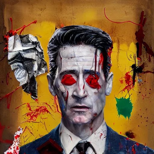 Prompt: hyperrealistic, photorealistic, mixed media oil painting of agent dale cooper, magazine scraps, plaster, blood, oil, mustard, splatter, greg rutkowski, basquiat, ralph steadman, wesley kimler, terry gilliam