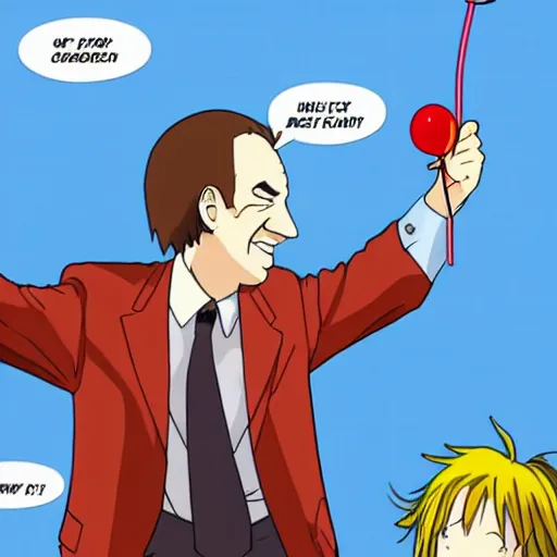 Image similar to saul goodman throwing dart at red ballon, still from anime