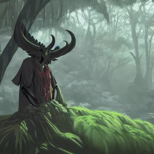 Image similar to concept art painting of an anthropomorphic dragon king with black robes, a long neck, and skull mask, in a deep forest, cel shaded, in the style of makoto shinkai and james gurney and studio ghibli and moebius