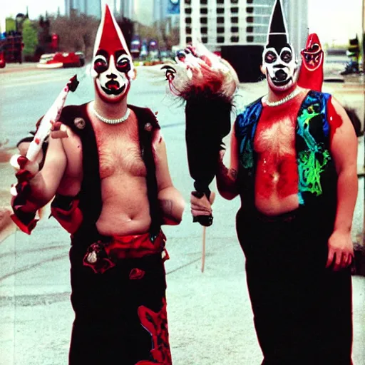 Prompt: Juggalo coneheads 1999 street performers