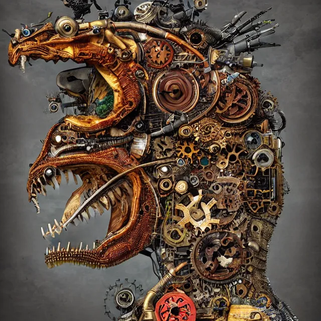 Image similar to profile portrait of a dragon, computer parts, mechanical parts, by giuseppe arcimboldo, steampunk, cyberpunk, futuristic, psychedelic, surreal, sci - fi, vaporwave, alien, dreamlike.