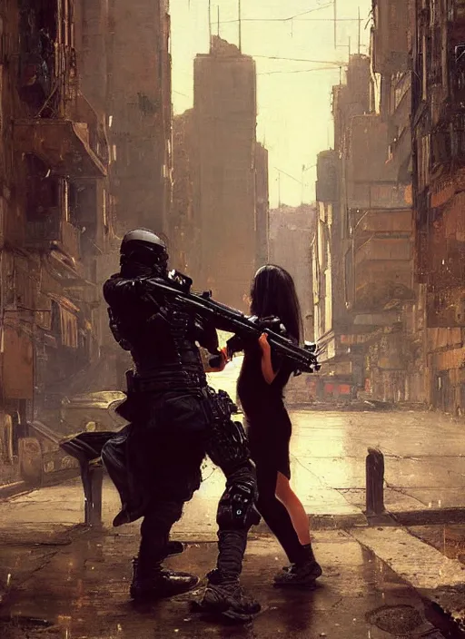 Image similar to maria evades sgt rhodes. Cyberpunk hacker escaping Menacing Cyberpunk police trooper wearing a combat vest. Rainy streets (dystopian, police state, Cyberpunk 2077, bladerunner 2049). Iranian orientalist portrait by john william waterhouse and Edwin Longsden Long and Theodore Ralli and Nasreddine Dinet, oil on canvas. Cinematic, vivid colors, hyper realism, realistic proportions, dramatic lighting, high detail 4k