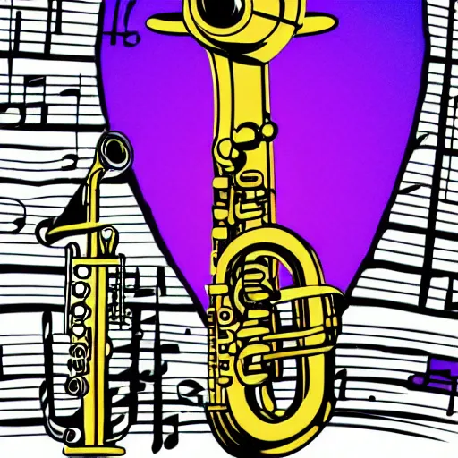 Prompt: robot playing saxaophone with notes coming out, jazz, purple