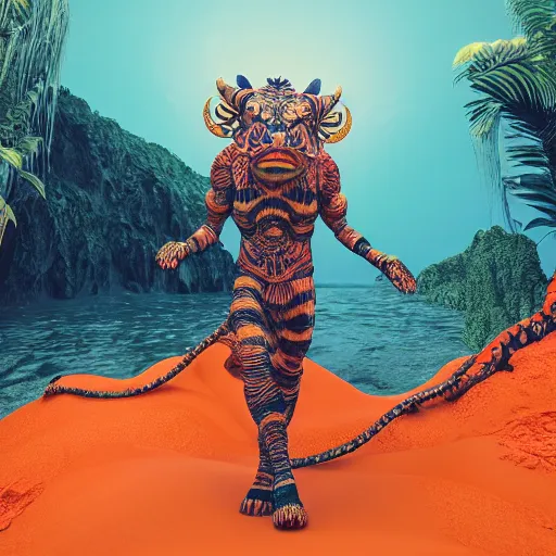 Image similar to a detailed 3 d render of a very fashionable hindu god demon tiger wearing cybergrunge hawaiian clothing tropical volcanic ocean landscape background by beeple and stephen gilliam, junji ito, kubrick, william blake, octane renderer, vray, 8 k, zbrush, c 4 d, cgsociety