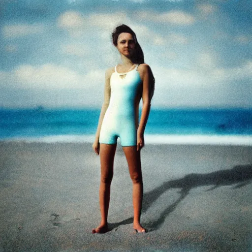 Image similar to “A beautiful woman at the beach in lifeguard attire, dreamcore aesthetic, taken with a Pentax K1000, Expired Burned Film from 1930s, Softbox Lighting, 85mm Lens”