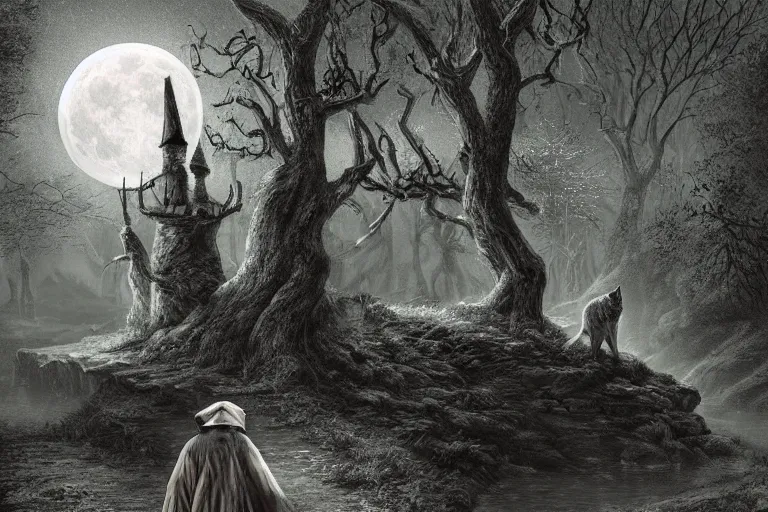 Prompt: a blind old wizard in a pointed hat walks through a dark forest, dark night, full moon, old stone bridge over the creek, the wolf howls at the moon, crows on the oak tree, highly detailed digital art, photorealistic