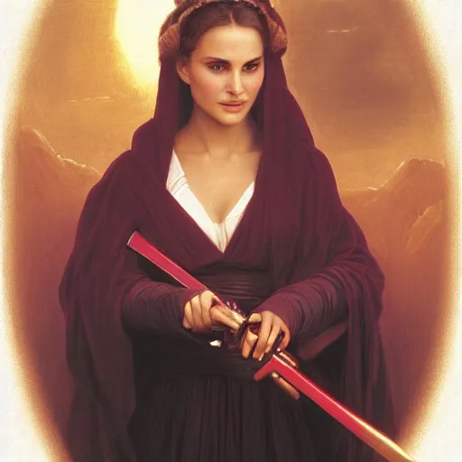 Image similar to Painting of Natalie Portman as Padme Amidala. Art by william adolphe bouguereau. During golden hour. Extremely detailed. Beautiful. 4K. Award winning.