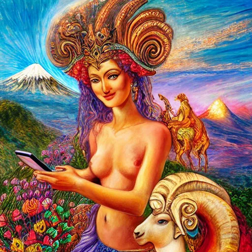 Image similar to a painting by josephine wall depicting a goddess riding a ram while checking her cell phone, erupting volcano and sunrise in distance in background, flowers in foreground, acrylic on canvas, intricately detailed, high resolution, trending on artstation