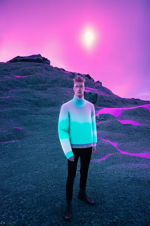 Image similar to high quality pastel coloured film wide angle selfie photograph of an male cyber model standing in an icelandic black rock environment. three point light. photographic. art directed. pastel colours. volumetric light. stark. waves glitch. 8 k. filmic.