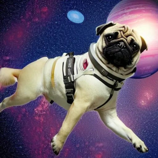 Image similar to A pug in a spacesuit floating through space. Photorealistic.