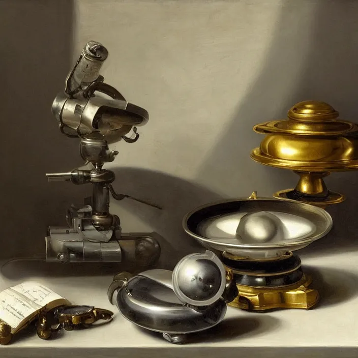 Prompt: still life painting of alien technology by pieter claesz, oil on canvas, strong lighting, highly detailed, hyper realism, golden hour, god rays, hd, 4 k