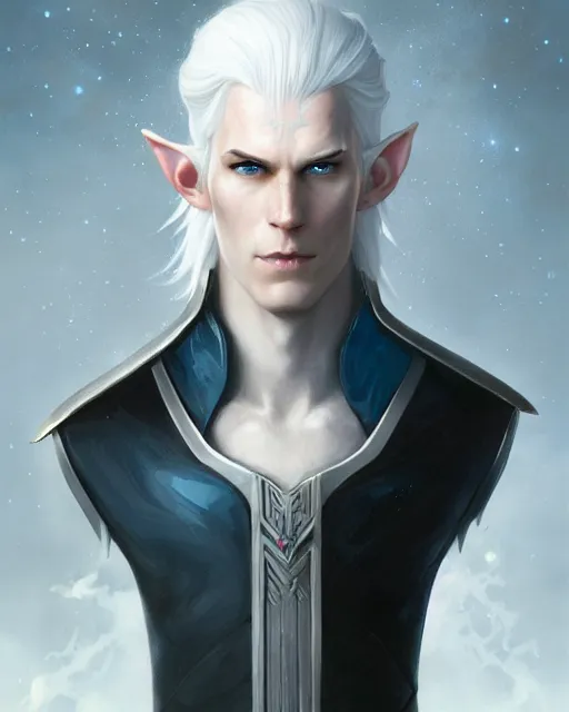 Image similar to character portrait of a slender young half white haired elven man with and piercing blue eyes and pale bluish skin, wearing sleek pearlescent black armor, by greg rutkowski and mark brookes and jim burns and tom bagshaw and magali villeneuve, trending on artstation