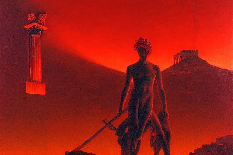 Image similar to only with red, a red melted apollo with a laurel wreath and a flaming sword announce the win, athens in the background, in the style of beksinski, part by hopper, part by rodcenko, part by hofbauer, intricate composition, red by caravaggio, insanely quality, highly detailed, masterpiece, red light, artstation