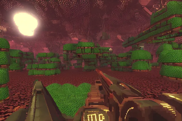 Prompt: screenshot from a custom level for doom with a forest theme