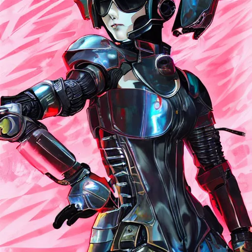 Prompt: girl wearing full suit of cyberpunk armor, intricate armor design, shigenori soejima illustration, heavy lineart, oil on canvas