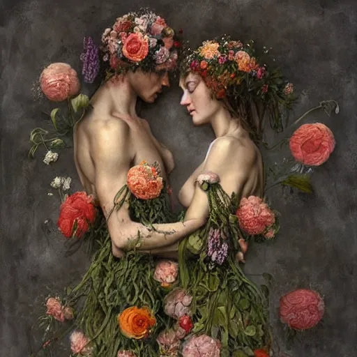 Image similar to two bodies entwined, covered by flowers, by arcimboldo, greg rutkowski