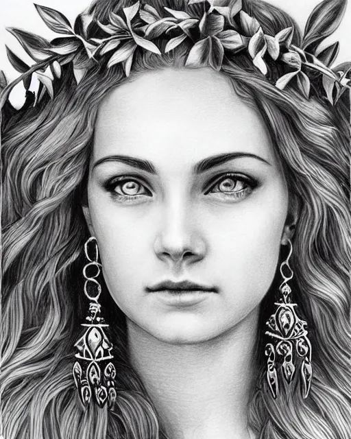 Image similar to pencil drawing of a beautiful greek goddess aphrodite wearing a laurel wreath and arrowhead earrings, beautiful confident eyes, beautiful flowing hair, hyper realistic face, in the style of artgerm, fantasy, amazing detail, epic, elegant, smooth, sharp focus, from the front, long shot