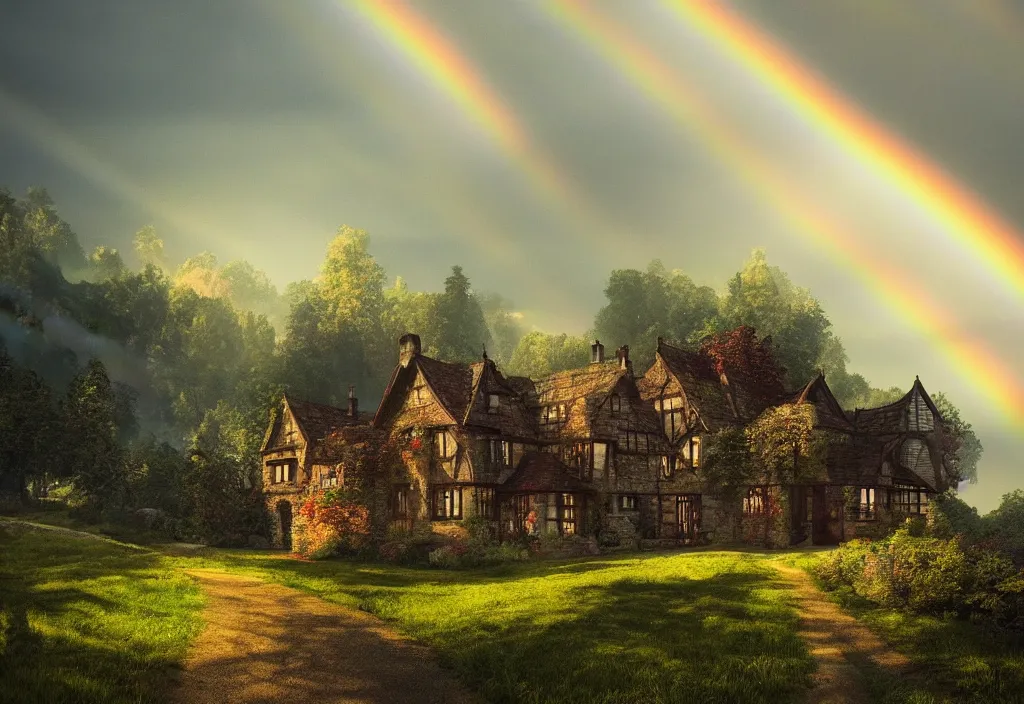 Image similar to a tudor house on a hillside, a gravel path leading towards it, well lit sky, sun shower, rainbow, cinematic view, detailed architecture, concept art, high detail, well lit, volumetric, godrays, vivid, trending on artstation,