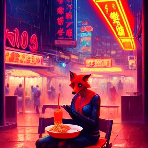 Image similar to splash art of anthropomorphic female vulpes vulpes fulva woman sitting at a noodle stand eating noodles in the crowded street of a cyberpunk city, rain, harsh neon lighting, realistic, ultra detailed, by greg rutkowski, wlop, sakimichan, artgerm