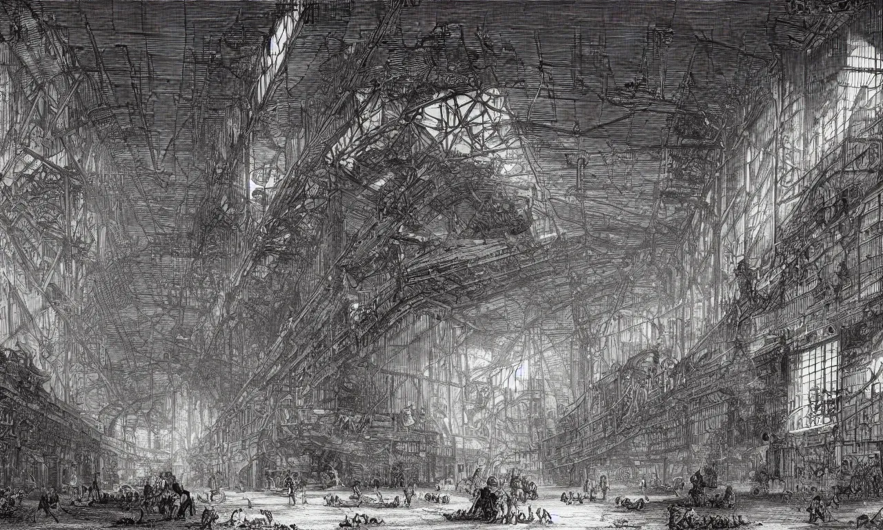 Prompt: dark glowing cargo hall and corridors of huge space ship halls cages with strange animals detailed piranesi lithography