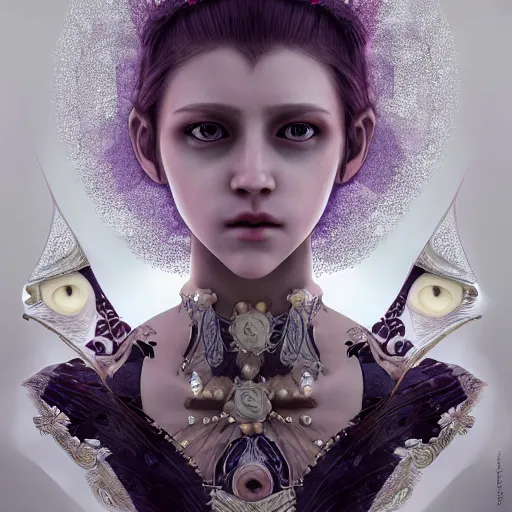 Image similar to symmetrical portrait of a beautiful dead princess female 4K symmetrical portrait, magical,fantasy , final fantasy, whole body, hyperrealism, cyberpunk, concept art, realistic, highly detailed, Featured on Artstation, cgsociety, Behance, Tom Bagshaw, Ross Tran, Japan Taiwan ,Soft lighting, attractive, highly detailed. intricate details. trending on artbreeder | zdzislaw beksinski. dariusz zawadzki. Michael Hutter. Peter Mohrbacher. Alfons Mucha. artstation