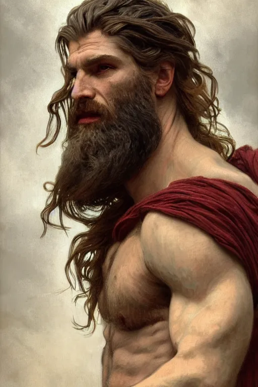 Image similar to painted portrait of rugged zeus, god of thunder, greek god, white hair, masculine, mature, handsome, upper body, flowy robe, muscular, hairy torso, fantasy, intricate, elegant, highly detailed, digital painting, artstation, concept art, smooth, sharp focus, illustration, art by gaston bussiere and alphonse mucha