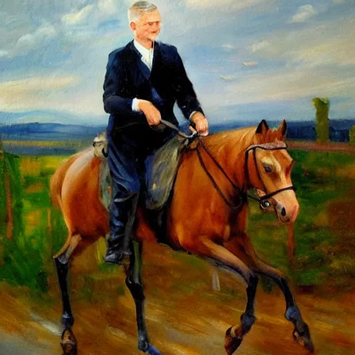 Prompt: An impressionist oil painting of Carl Bildt riding a horse