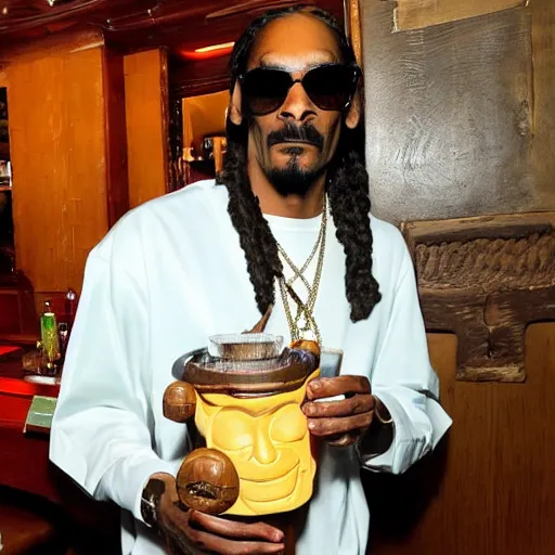 Image similar to snoop dogg at trader vic's bar holding a tiki mug with his face on it