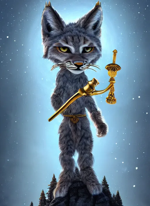 Image similar to anthropomorphic lynx holding a golden shiny scepter, night, spruce trees on the sides, mountains in the background, eerie dark atmosphere, moonlit, back light, fantasy movie, fantasy art, fantasy matte painting, trending on artstation