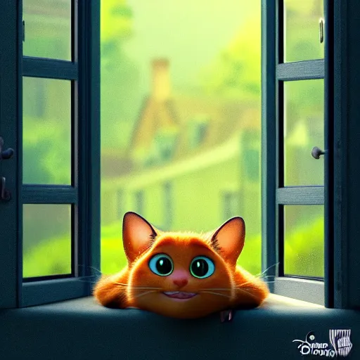 Image similar to a happy cat with big eyes looking for a cup of coffee in beautiful morning at a house window. Pixar Disney 4K 3d render funny animation movie Oscar winning trending on ArtStation and Behance. Ratatouille style.
