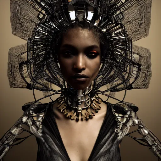 Image similar to portrait of an absurdly beautiful, graceful, sophisticated, fashionable black cyberpunk mechanoid gravure idol, fashion photography, hyperdetailed illustration by irakli nadar, matt wisniewski style, intricate linework, dark black skin, jellyfish headdress, bone necklace, unreal engine 5 highly rendered, global illumination, radiant light, detailed and intricate environment