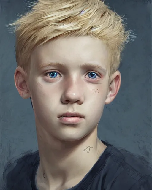 Image similar to portrait of 1 5 - year - old boy with blonde hair, round - face, and slightly buck - toothed, hyper realistic face, beautiful eyes, fantasy art, in the style of greg rutkowski, intricate, hyper detailed, smooth