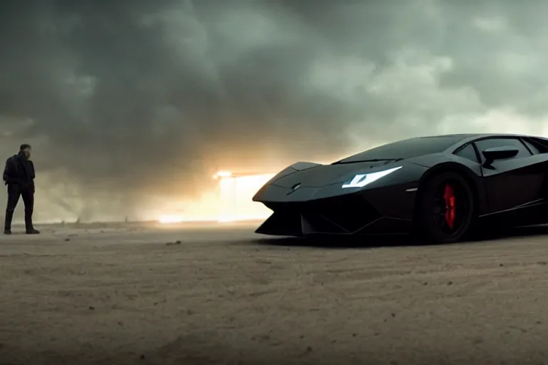 Image similar to A cinematic film still of a Lamborghini in the movie Blade Runner 2049.