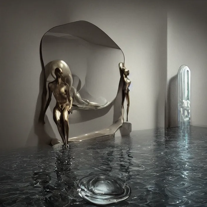 Image similar to hyperrealistic random objects in a surreal minimalistic dreamscape environment by salvador dali, enormous melting mannequin head statue, highly detailed, 3 d render, vray, octane, beautiful lighting, photorealistic, intricate, elegant, wayne barlowe, water, mirrors, doorway, beautiful, masterpiece, trending on artstation, artgerm, checkered floor