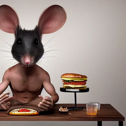 Prompt: an anthropomorphic rat!!!!! sitting at a desk, eating a burger, photorealism, 4 k, 8 k, shot by jimmy nelson, intricate