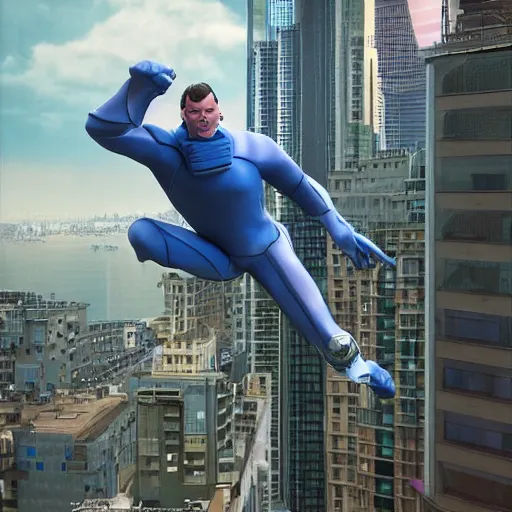 Image similar to funny futuristic colorful Super hero floating in big city , stunning photo real concept art, cinematic, clean, realistic, from algorithmic design by Steve Skroce and Moebius, for James Cameron and Weta workshop, 3d sculpt, 3d high poly render with octane, realistic textures, subtle depth of field, Zeiss lenses, 8k post-processing, manicured, Fuji LUT, smooth, ultradetailed