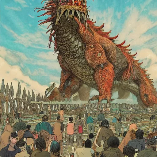 Image similar to A beautiful drawing of a large, dragon-like creature with sharp teeth, talons, and a long tail. The creature is looming over a small group of people who appear to be in distress. by Satoshi Kon, by Matthias Jung