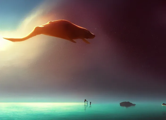 Prompt: a red deer swims in the lake of an alien planet, digital art, detailed, artgerm, artstation, clouds, blue, deviant art, by albert bierstadt