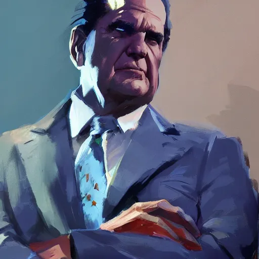 Image similar to greg manchess painting of richard nixon as an overwatch character, profile picture, matte painting, bold shapes, hard edges, street art, trending on artstation, by huang guangjian and gil elvgren and sachin teng