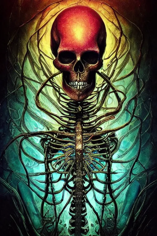 Image similar to psychedelic skeleton with trinket necklace, looking upward, epic angle and pose, reflective pool, symmetrical artwork, ayahuasca, translucent, fungus, energy flows of water and fire, highly detailed, epic cinematic concept art, excellent composition, dystopian brutalist atmosphere, dynamic dramatic lighting, aesthetic, very inspirational, arthouse, Greg Rutkowski, Artgerm