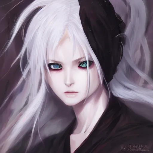 Prompt: white haired parted down the middle, black sclera white pupil, hakama wearing anime man portrait made by Stanley Artgerm, WLOP, Rossdraws, James Jean Andrei Riabovitchev, Marc Simonetti, Yoshitaka Amano, Artstation - n 3