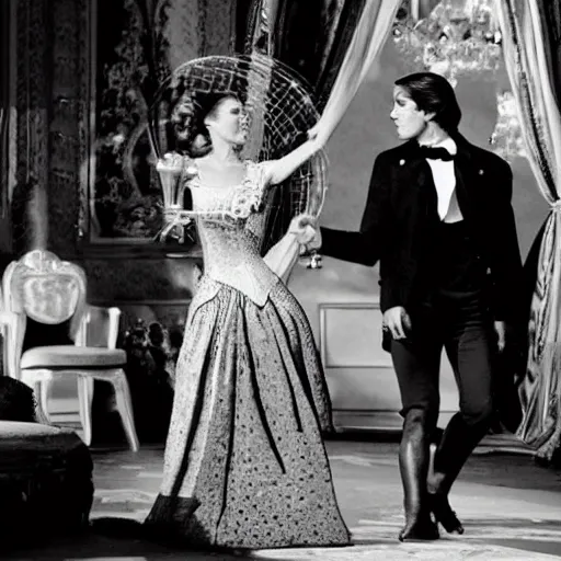 Image similar to ballroom scene from the leopard by luchino visconti with alain delon and claudia cardinale and an alien!!!! set in the 1 9 th century in an italian villa. technicolor!!!!, highly intricate, 5 0 mm