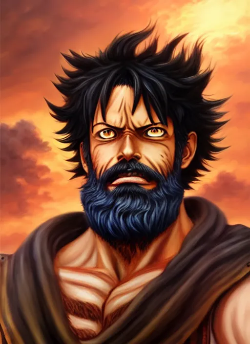 Image similar to luffy as _ fantasy _ style _ portrait _ painting _ of middle eastern male brown wavy hair beard, rpg dnd oil _ painting _ unreal _ 5 _ daz. _ rpg _ portrait _ extremely _ detailed _ artgerm _ greg _ rutkowski _ greg