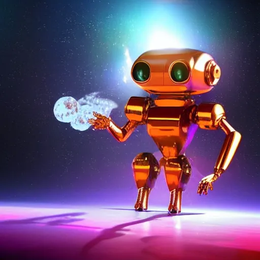 Image similar to 3 d rendered movie still pearlescent robot kitten robots in epic outer space battles and disco dance contests on saturn. science fiction, blockbuster movie, dystopian future, computer - animated science fiction film, imax 7 0 mm, 4 k
