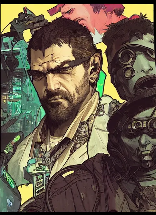 Prompt: cyberpunk pawnshop owner. portrait by ashley wood and alphonse mucha and laurie greasley and josan gonzalez and james gurney. splinter cell, apex legends, rb 6 s, hl 2, d & d, cyberpunk 2 0 7 7. realistic face. character clothing. vivid color. dystopian setting.