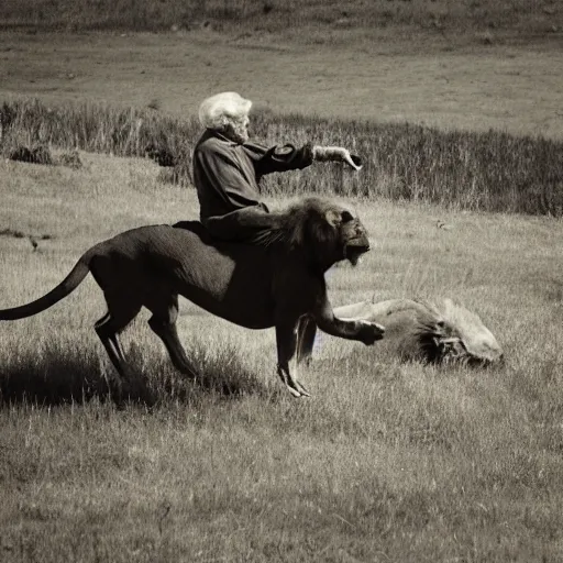 Image similar to old man riding on lions back