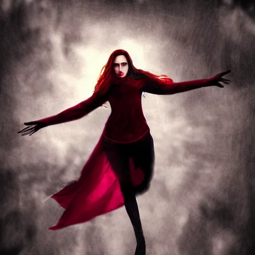 Image similar to Wanda Maximoff chaos magic, scarlet witch, levitating, digital painting, cinematic, moody, soft light